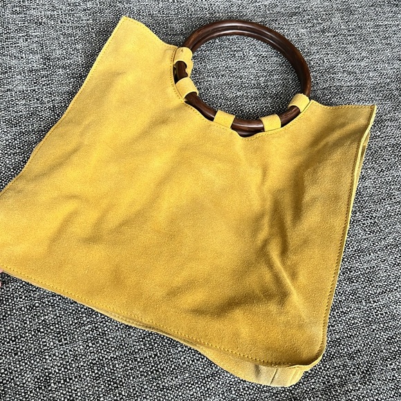Anthropologie Pom Pom suede leather wooden handles tote, yellow - Picture 6 of 9